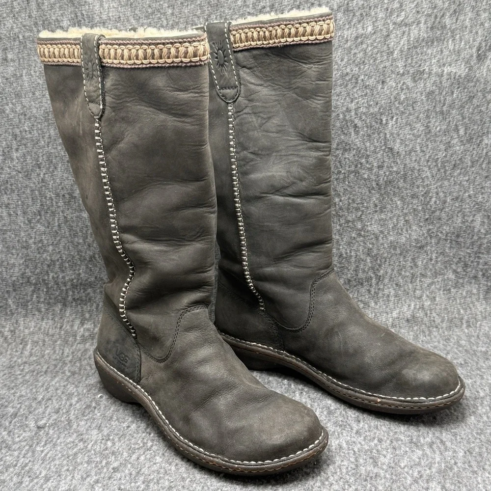 Ugg Boots Womens 9 Tall Leather Sheepskin Lined 5139 Dark Brown Swell Pull On